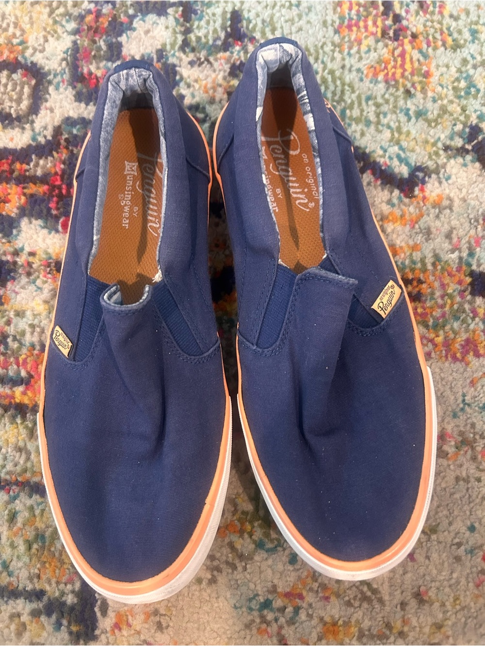 Original Penguin Navy Slip-On Canvas Loafers with Orange Trim